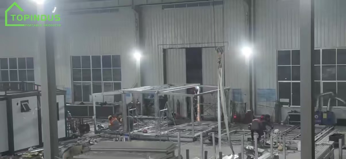 Processo de produção interno da fábrica de contêineres expansíveis de duas asas