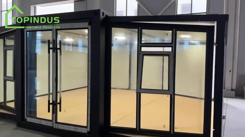 Casa contêiner expansível com parede de vidro do chão ao teto