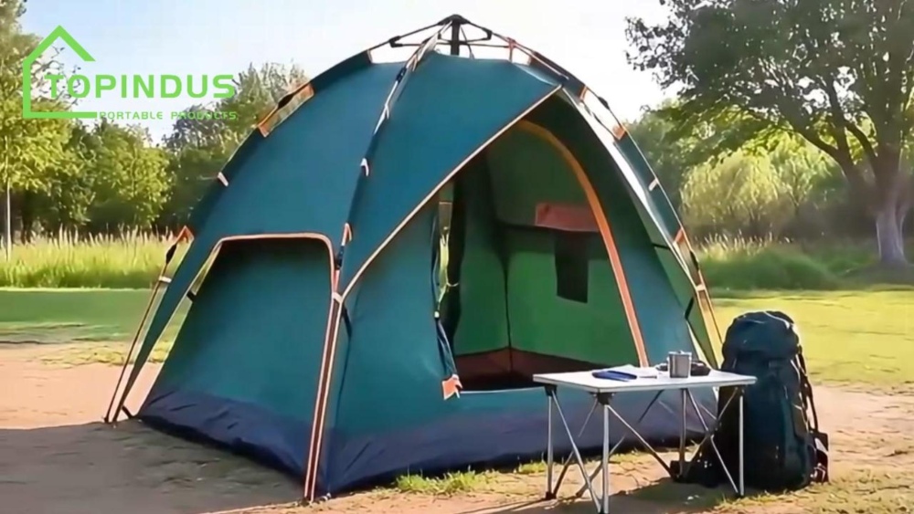 Processo de instalação de uma barraca inflável familiar para camping ao ar livre